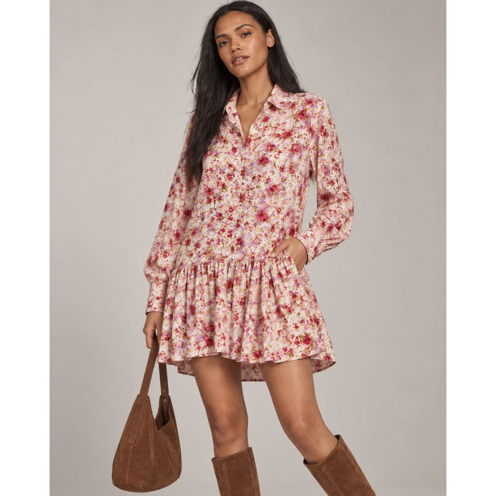 Philosophy Long Sleeve Drop Waist Cottagecore Floral Print Mini Shirt Dress